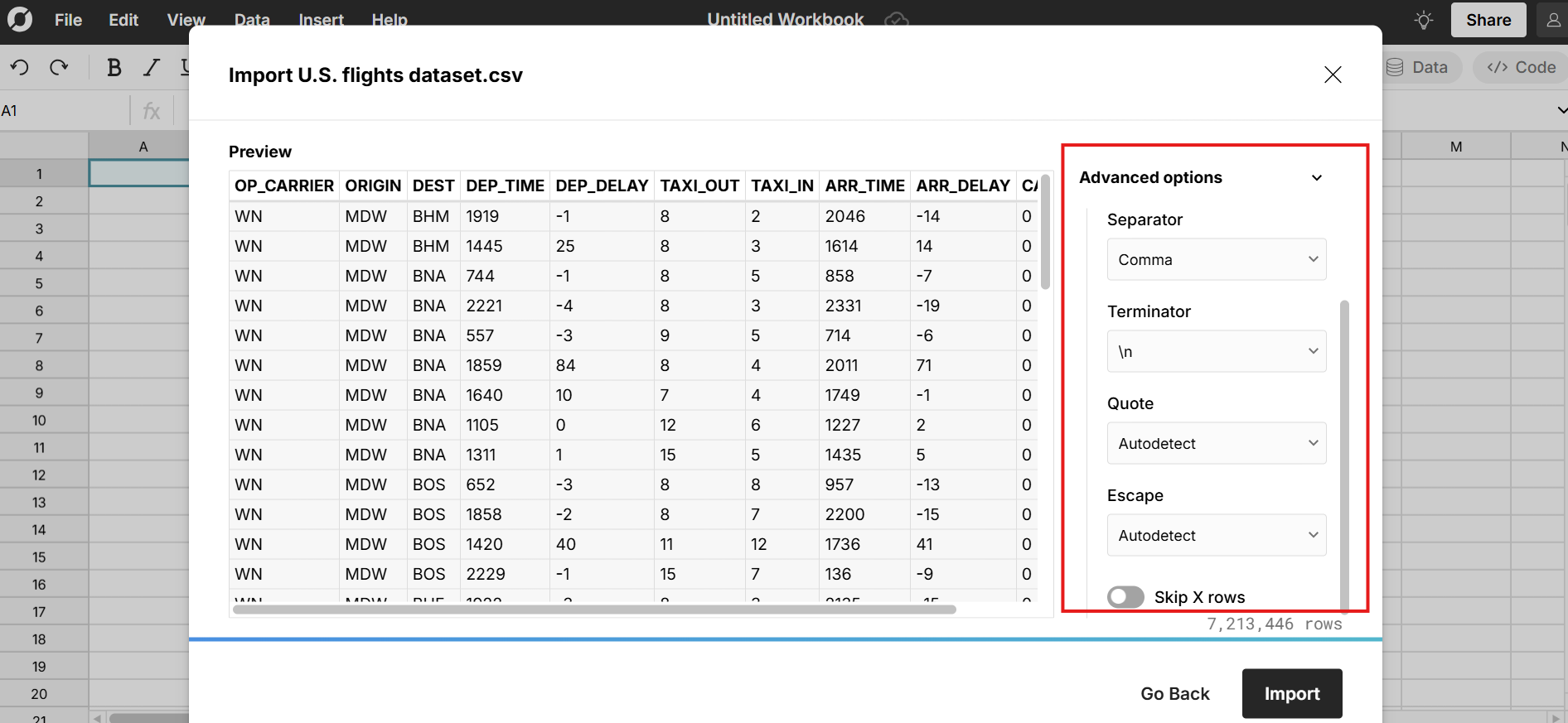advanced import settings to specify delimiter