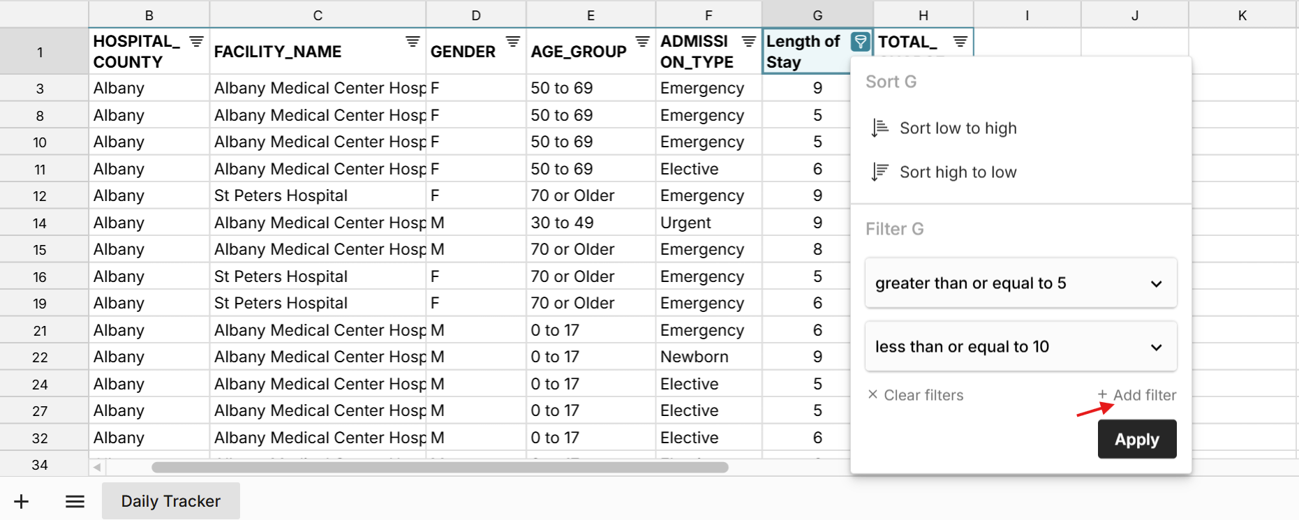 apply multiple filters in column in spreadsheet