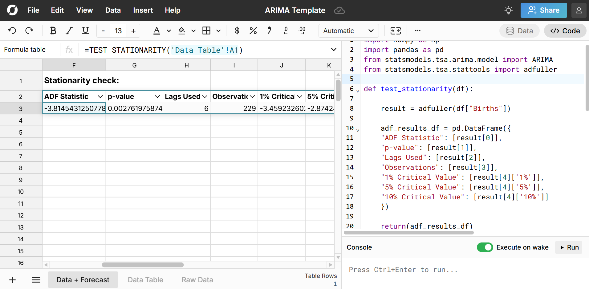 arima stationarity test in spreadsheet