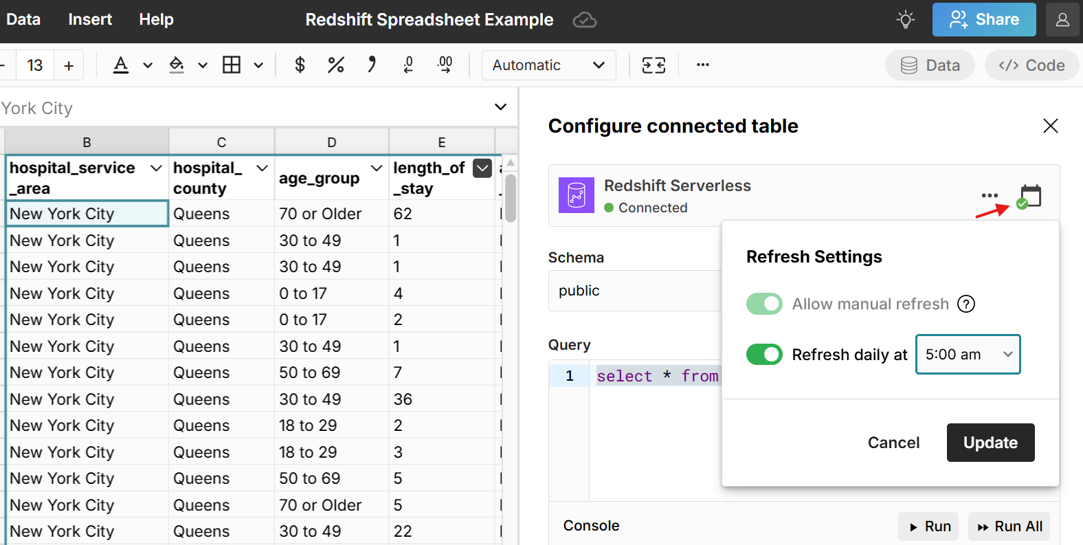 automate redshift data updates in spreadsheet