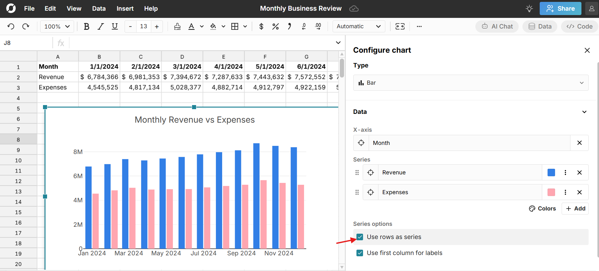 chart rows as series in spreadsheet