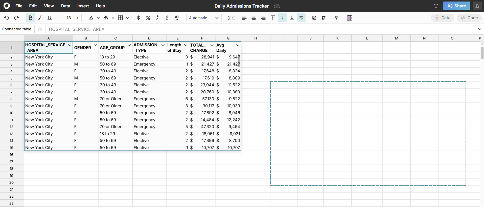 click and drag a data table