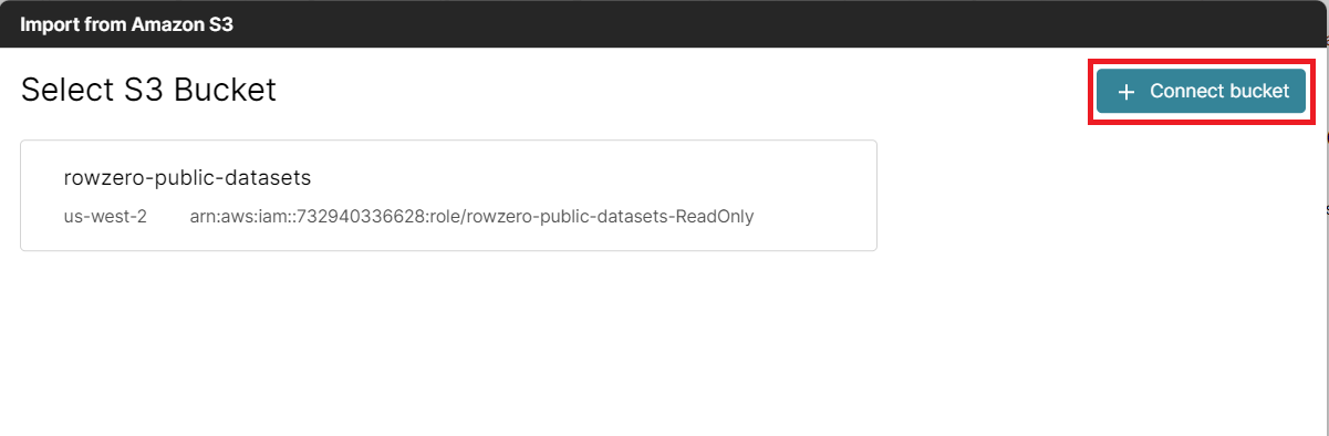Connect S3 bucket screen in Row Zero