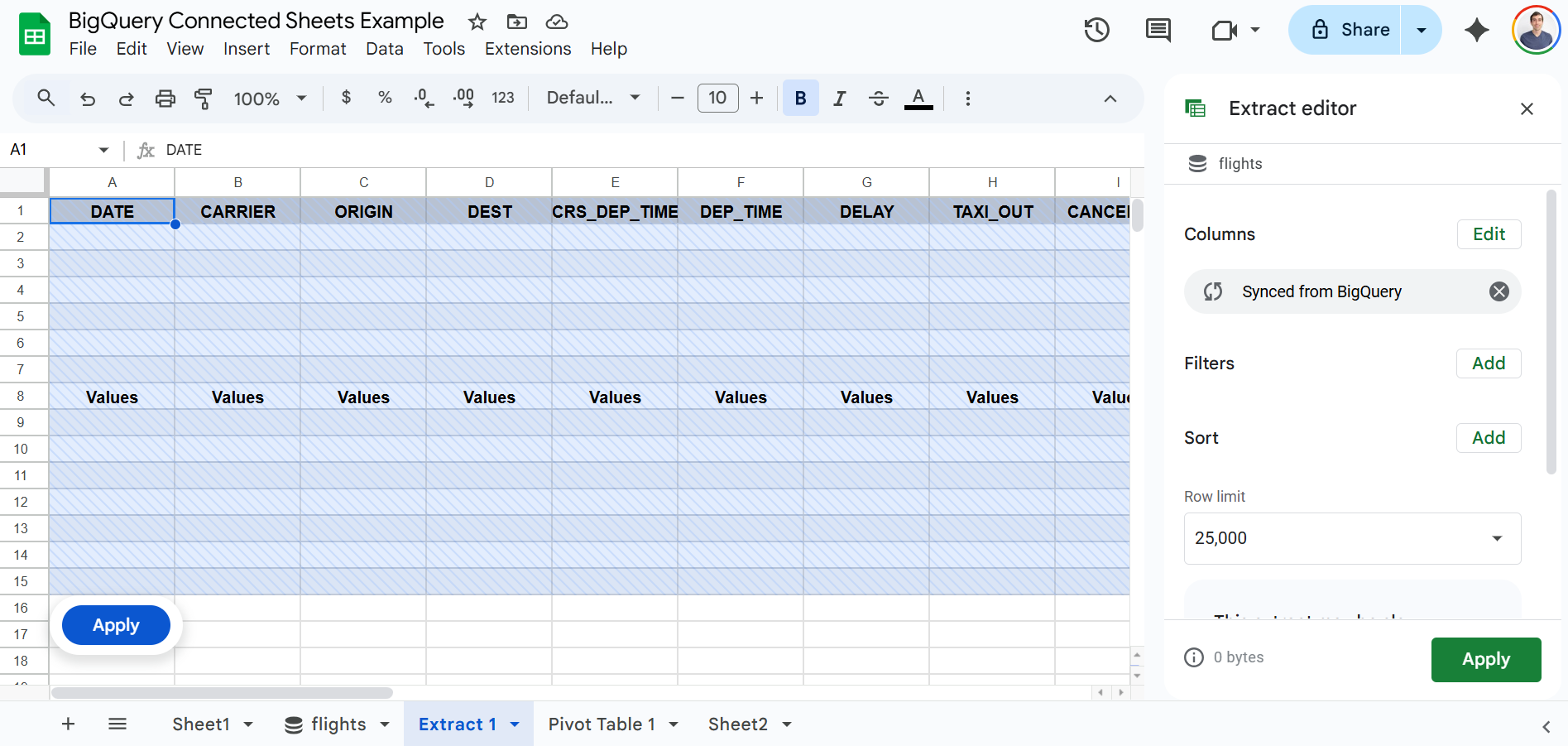 bigquery connected sheets extract editor