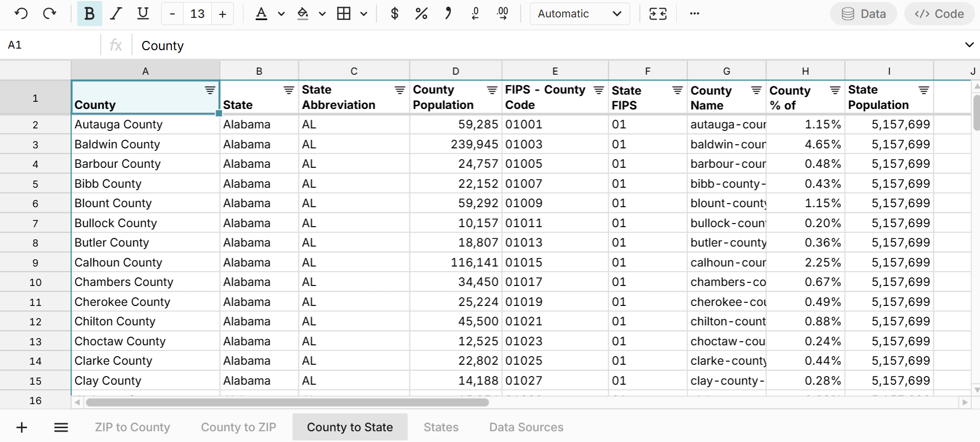 list of counties by state in spreadsheet