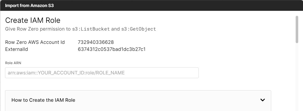 IAM role details screen in Row Zero