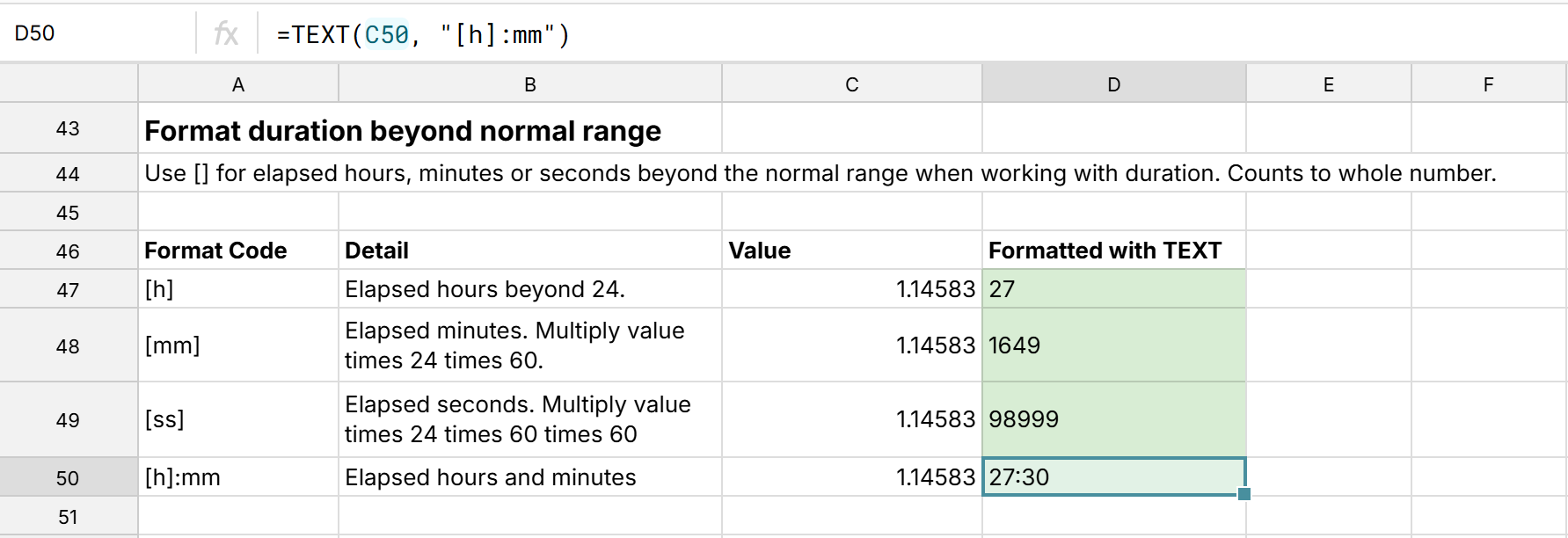 custom format elapsed time with TEXT function