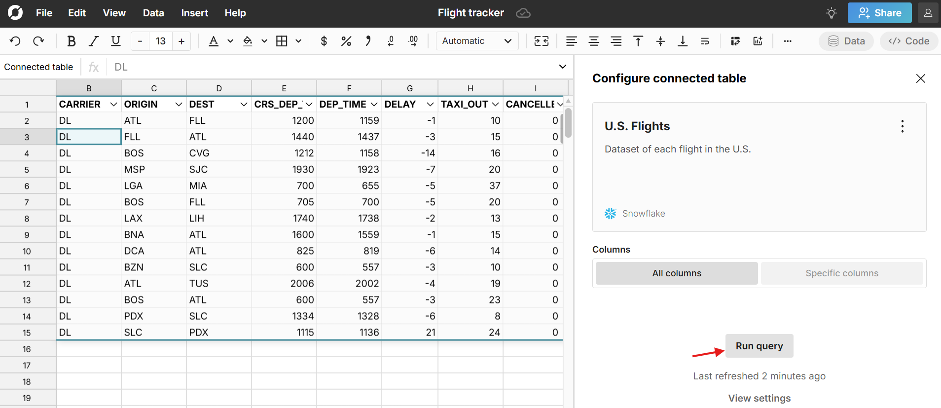 spreadsheet connected to data source