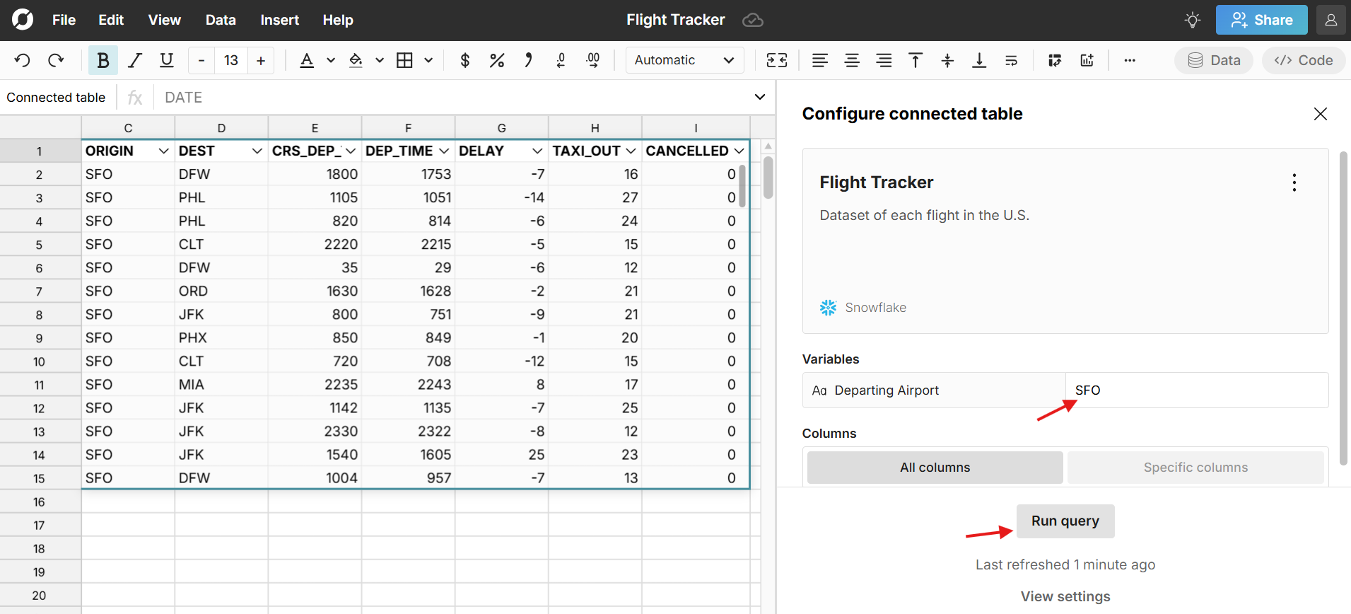 create spreadsheet with query variable