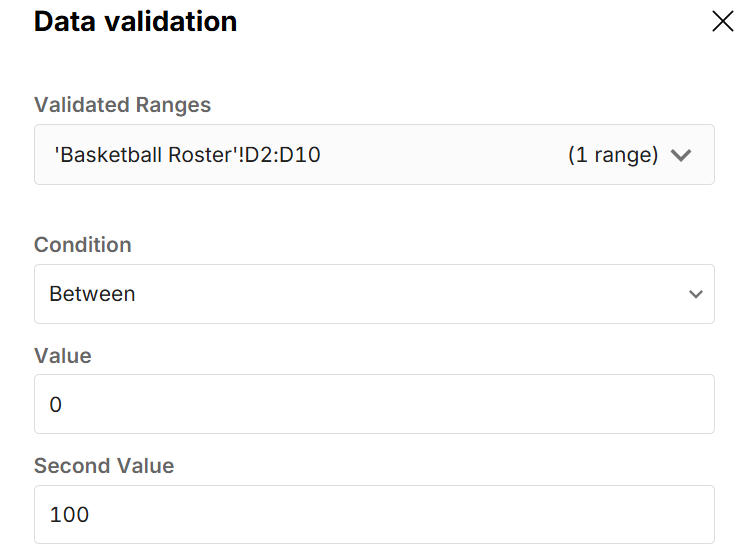 data validation rule between numbers