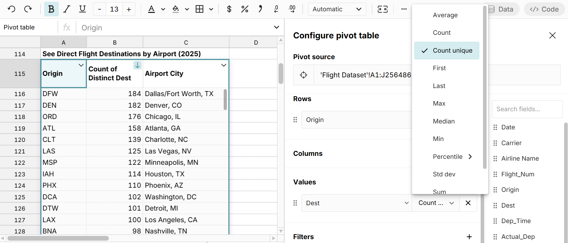 number of direct flights by airport in U.S.