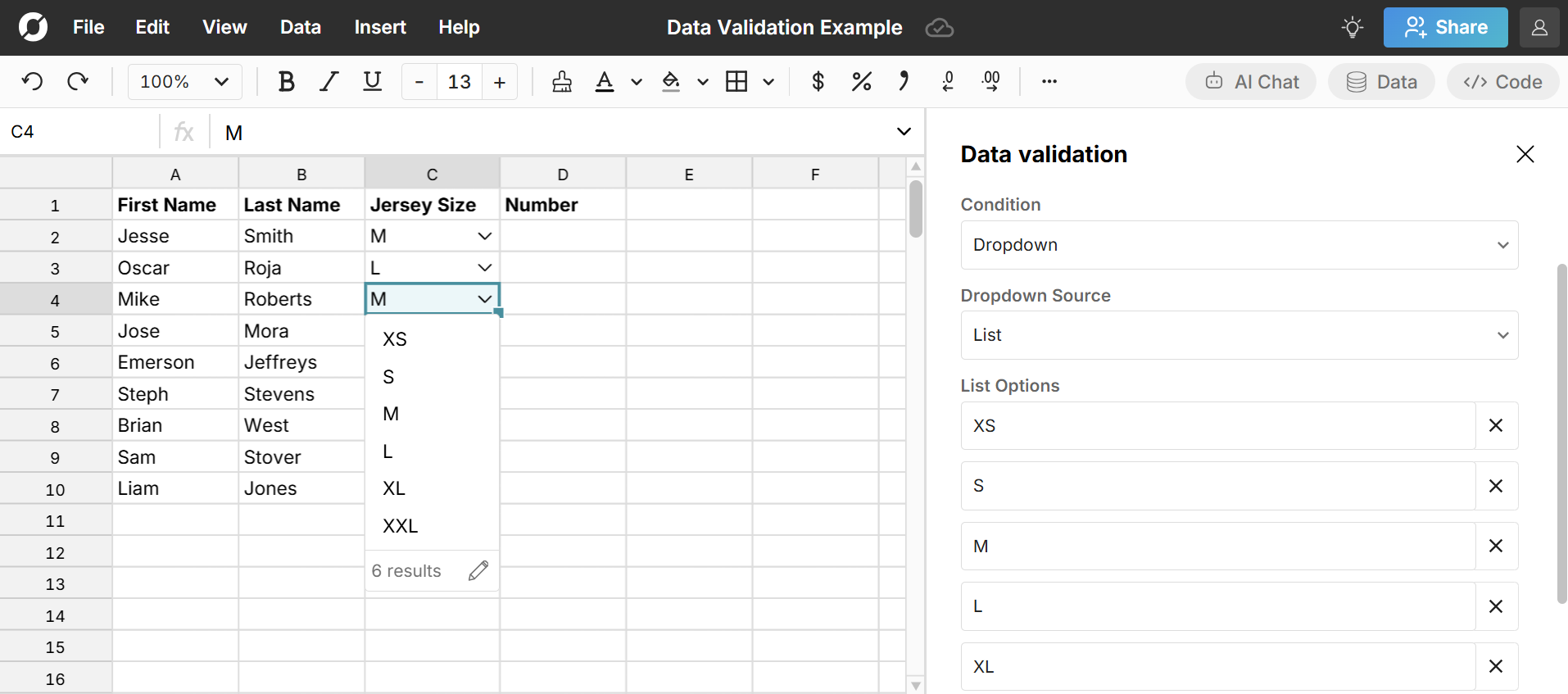 dropdown example in spreadsheet