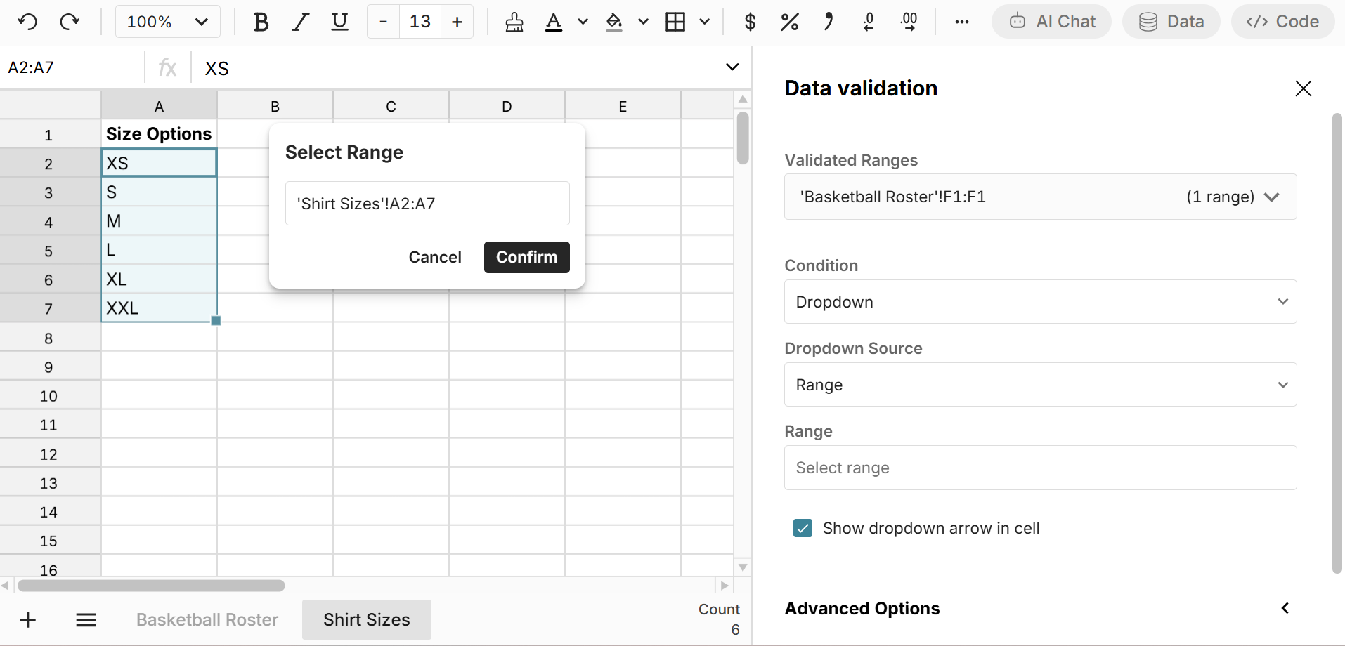 dropdown populated from a range