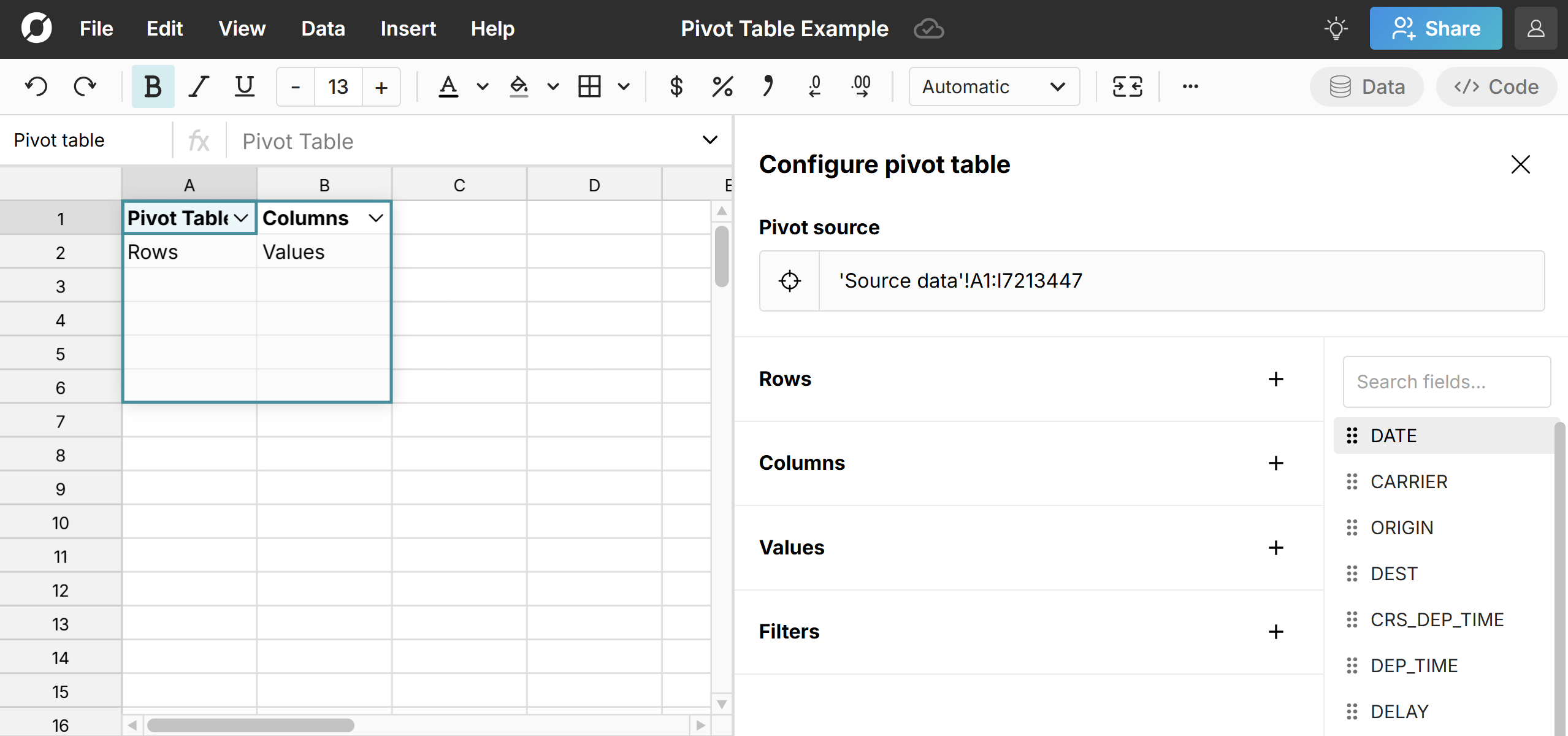 set pivot table location