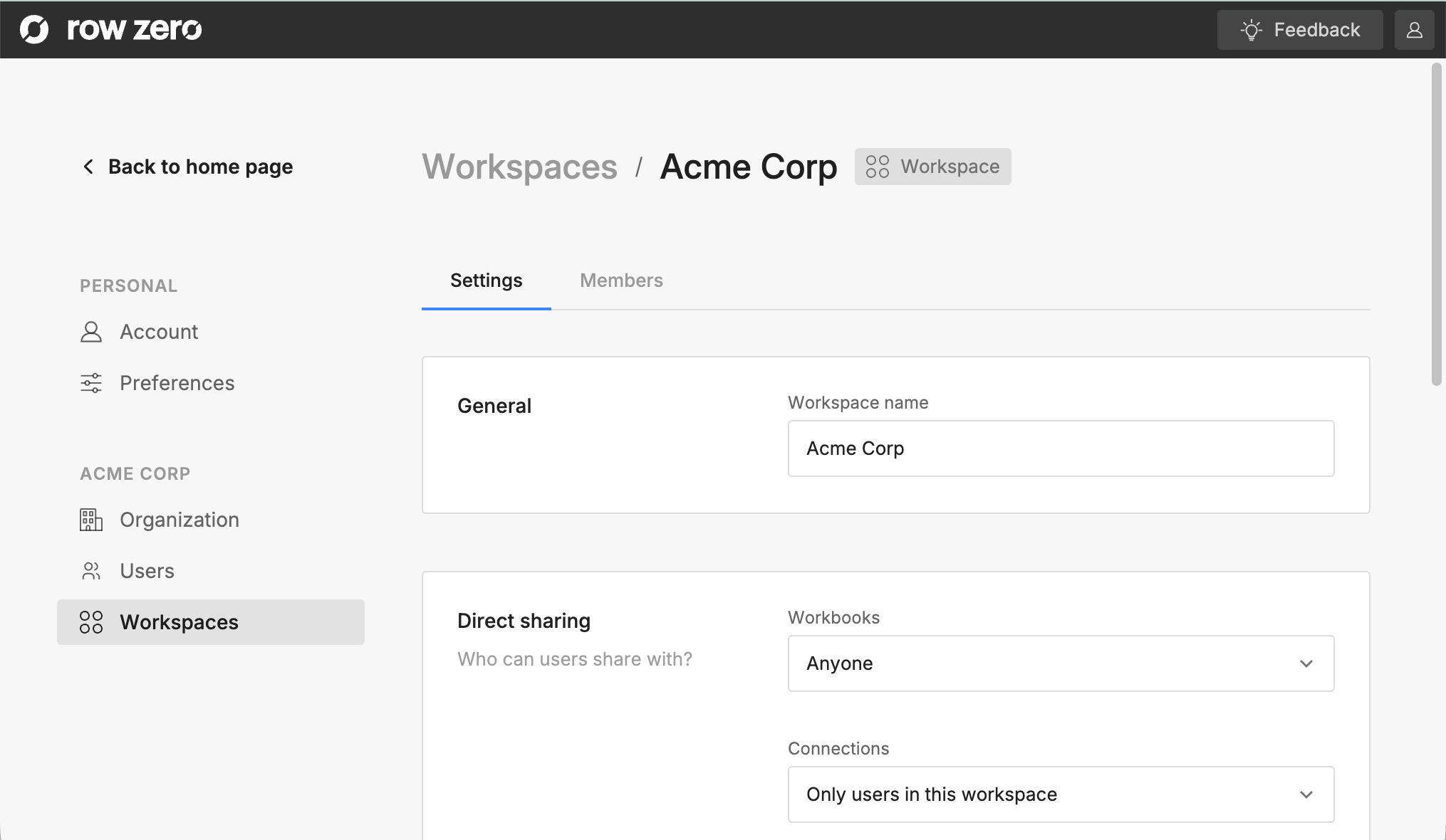 Row Zero admin settings