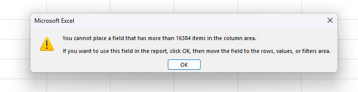 excel pivot table column error
