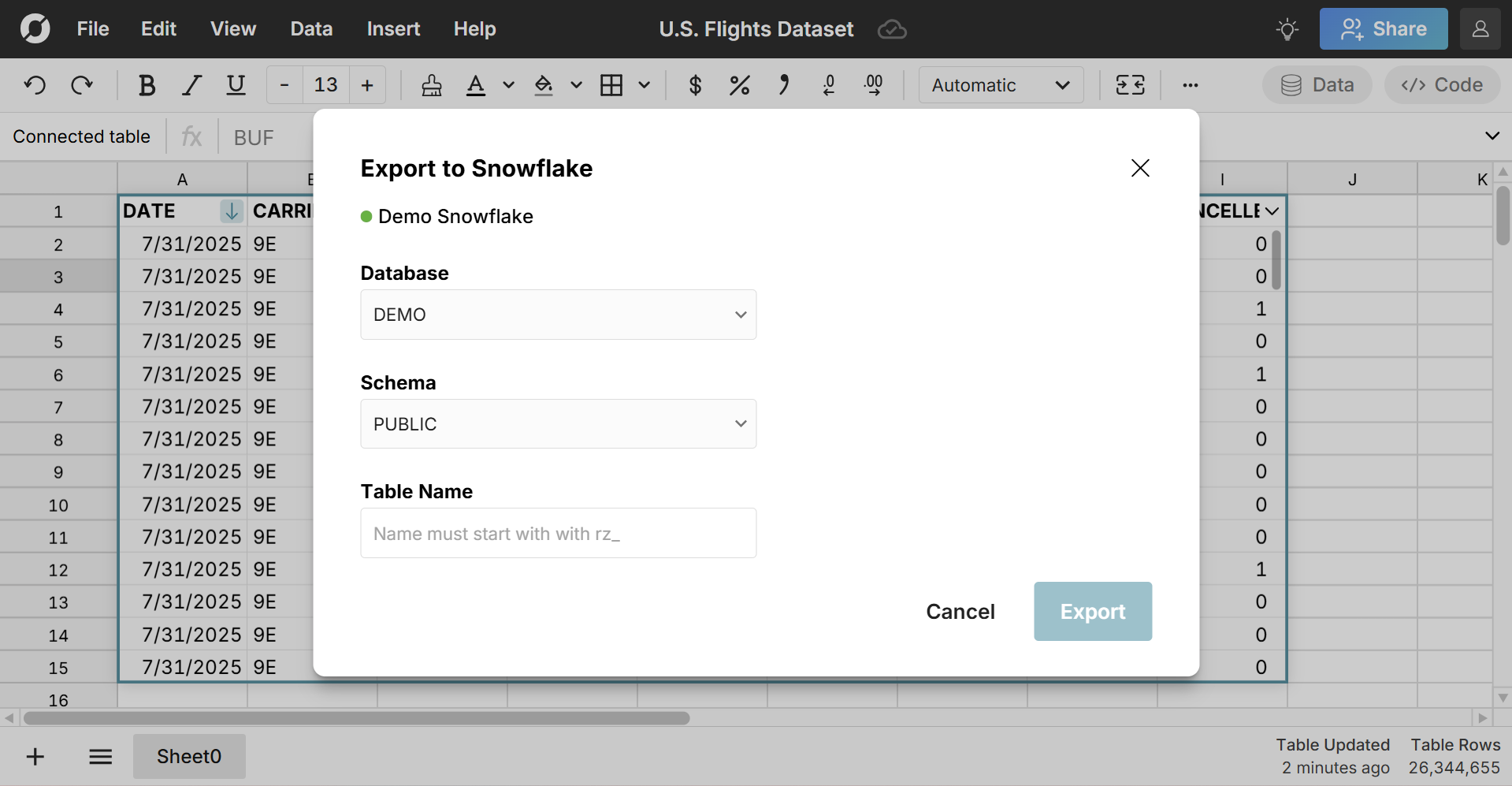 export spreadsheet to snowflake