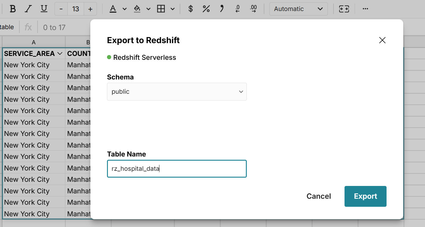 Export to Redshift modal