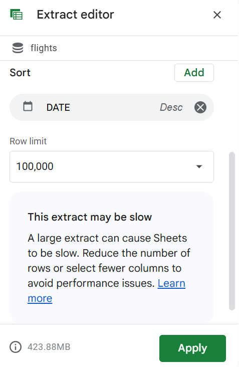 bigquery connected sheets extract editor warning