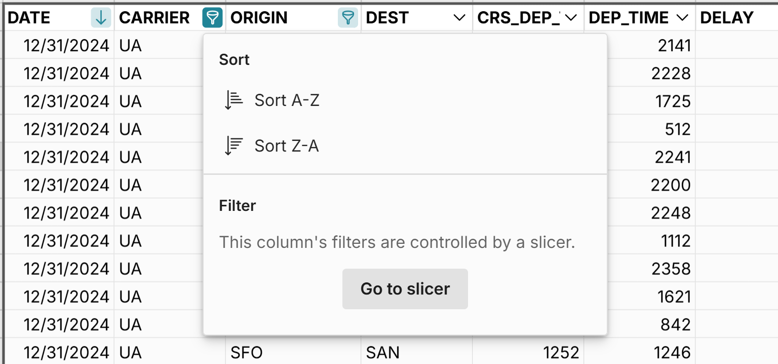filter controlled by slicer in spreadsheet 