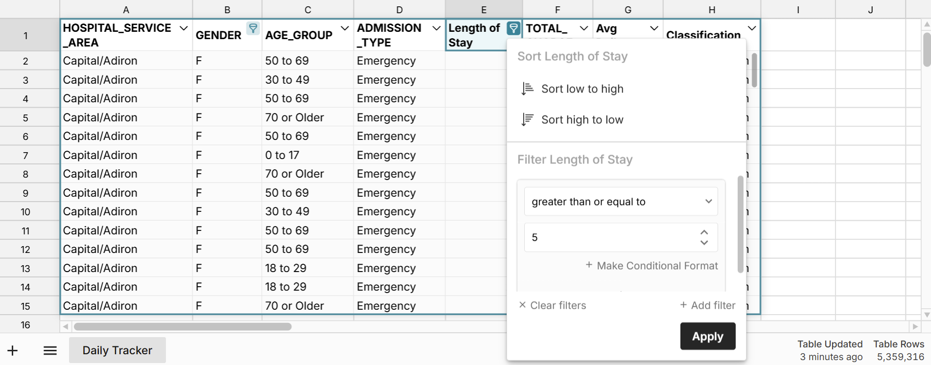 Filter data table in spreadsheet