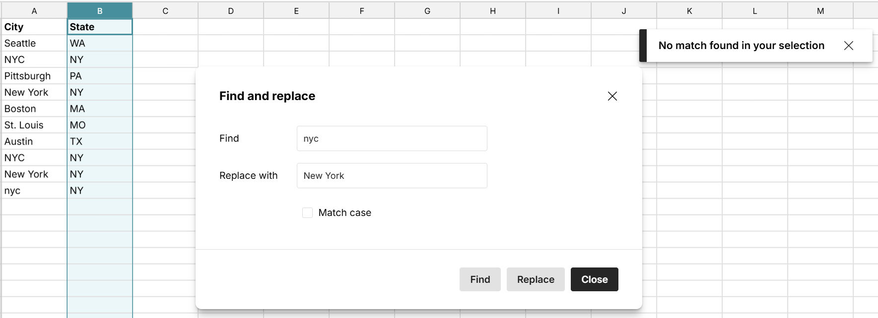 find and replace in selection