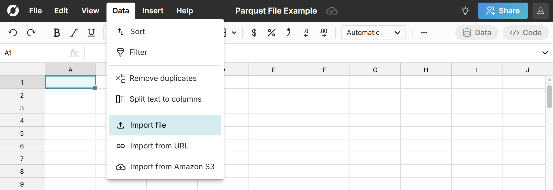 open parquet file in spreadsheet online