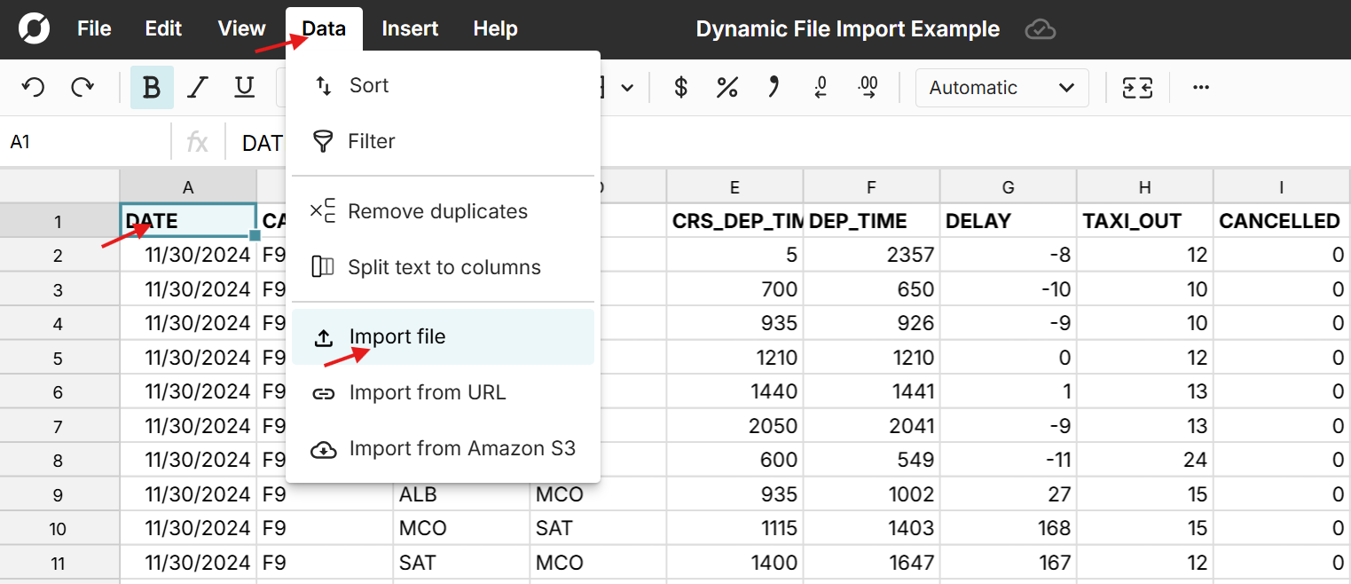 import csv to a specific cell to update spreadsheet