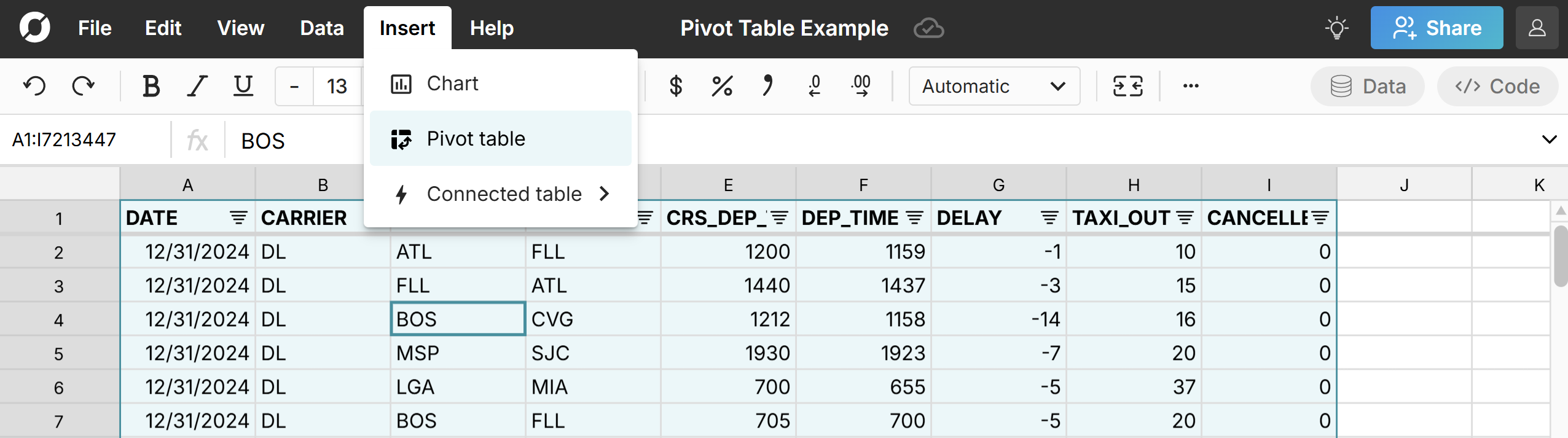 insert pivot table from cell range