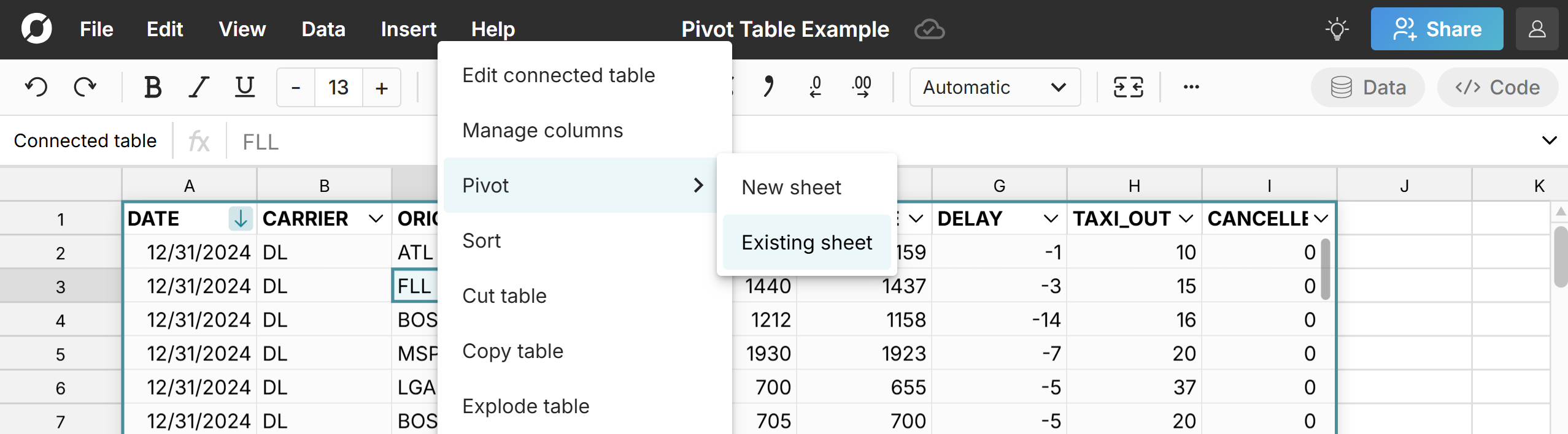 insert pivot table from data table