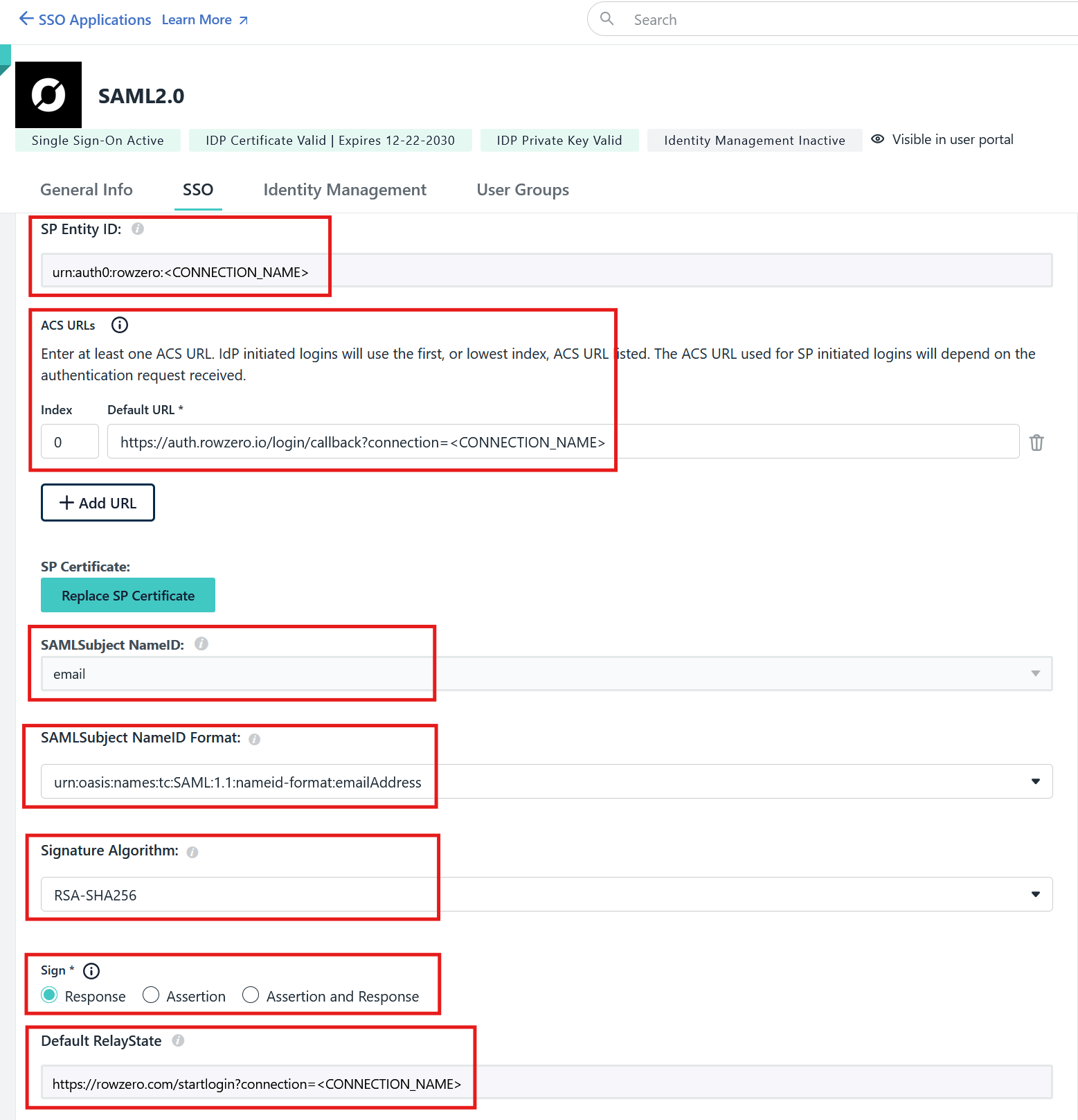 sso saml configuration settings