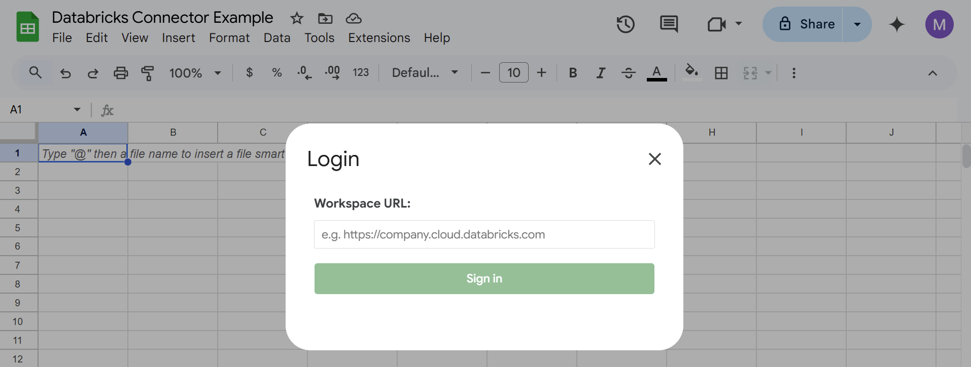 login to Databricks connector in Google Sheets