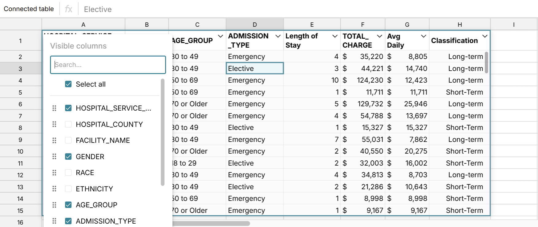Manage data table columns