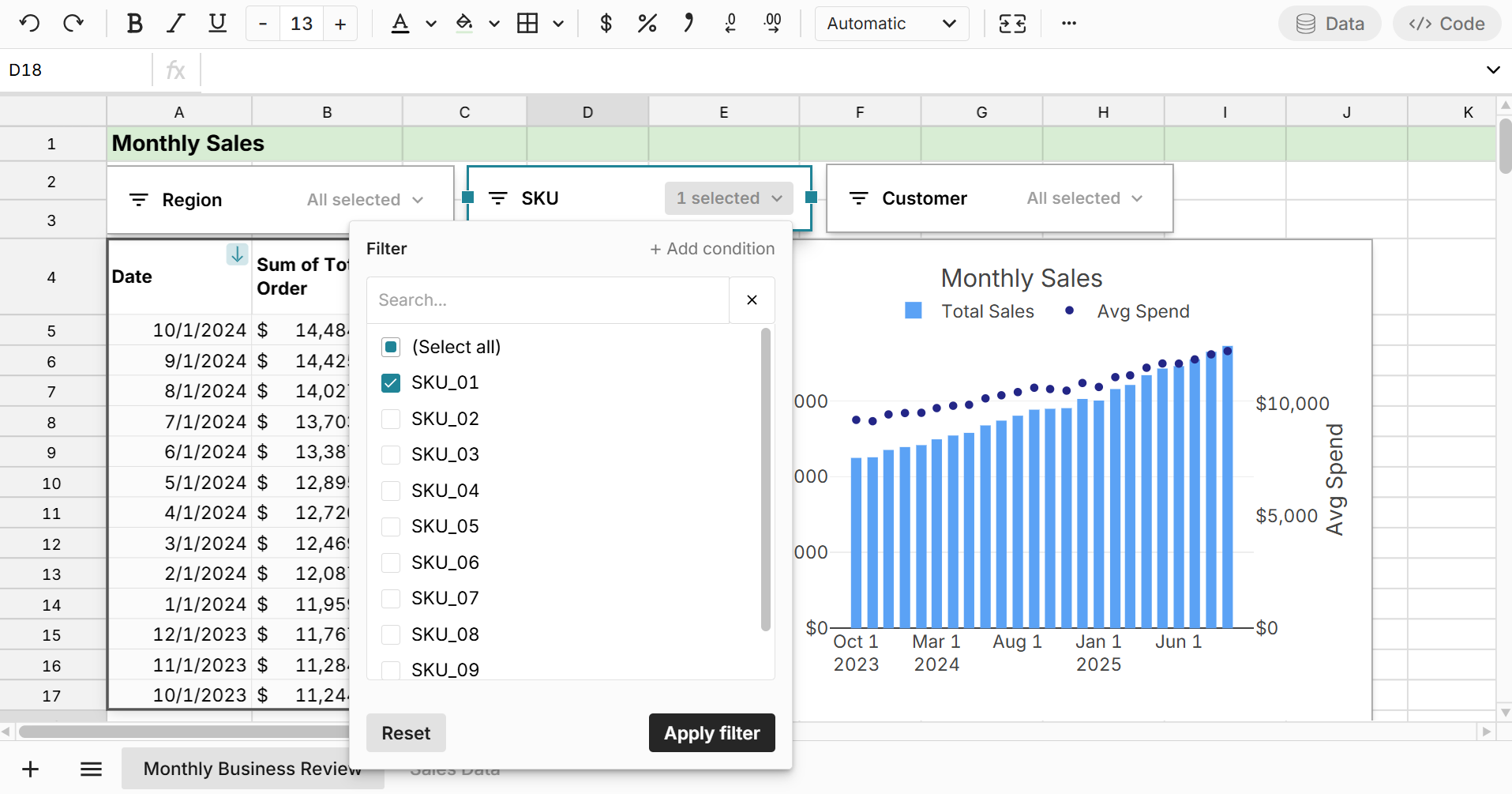 monthly sales slicer