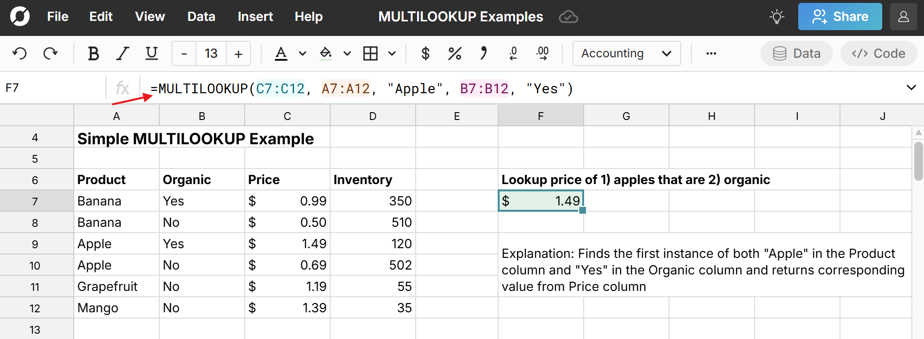 example MULTILOOKUP that uses multiple criteria to lookup a value