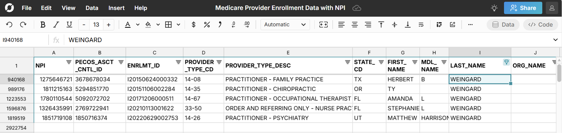 npi doctor lookup in a spreadsheet