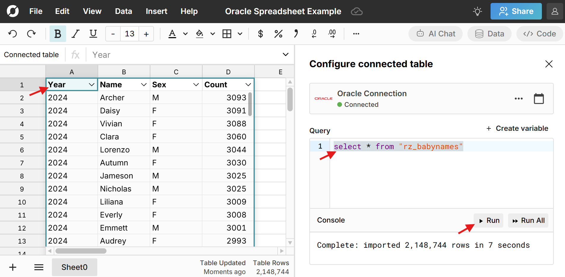 import oracle data to your spreadsheet