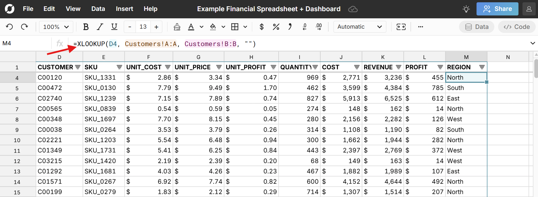 example transaction data in a spreadsheet