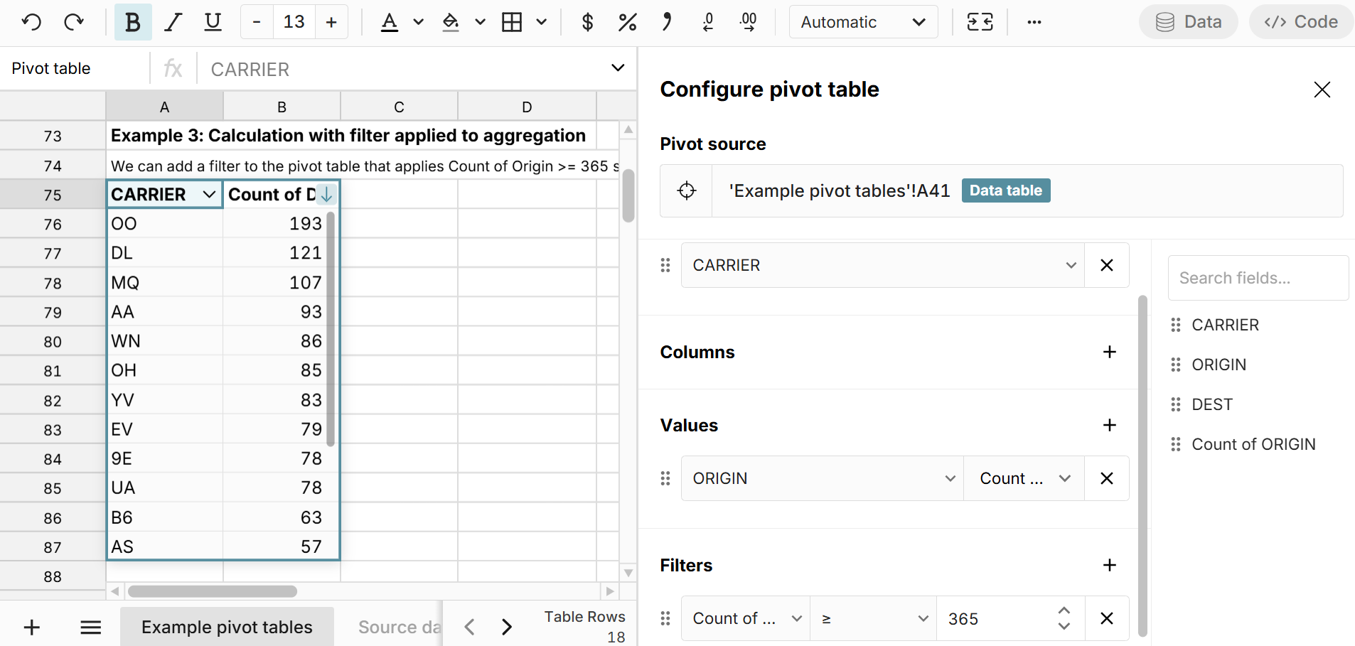 pivot calculation with filter