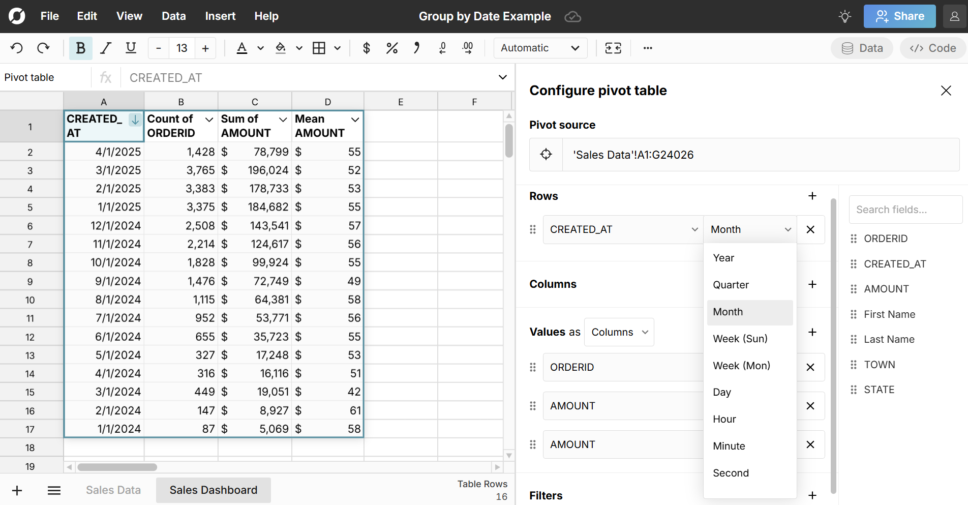 pivot table group by month