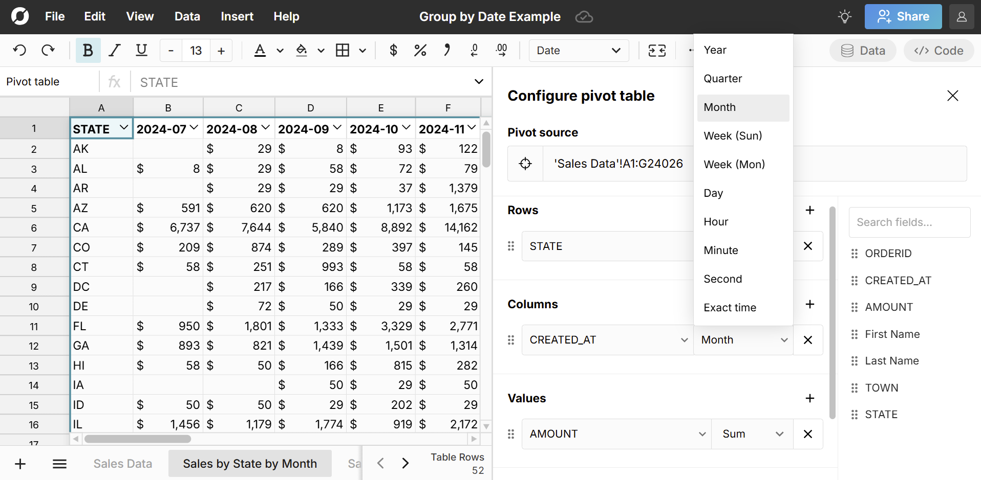 pivot table group columns by month