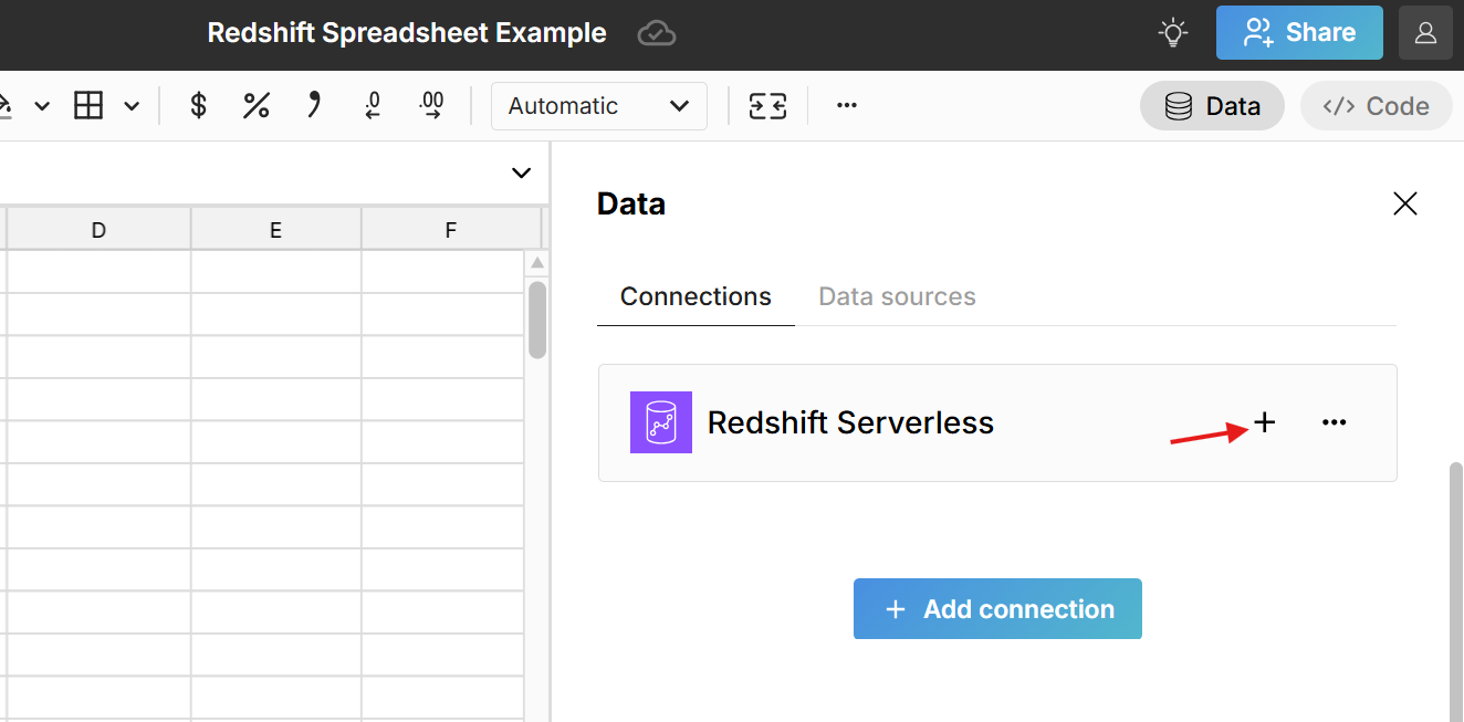 redshift connected table in spreadsheet