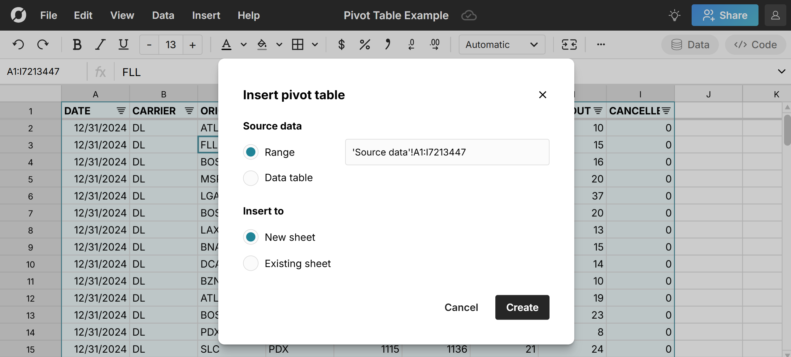 set pivot table location