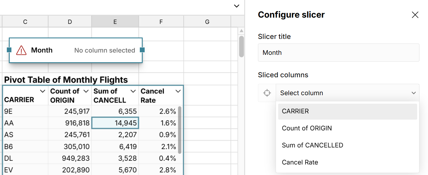 slicer error - no column select