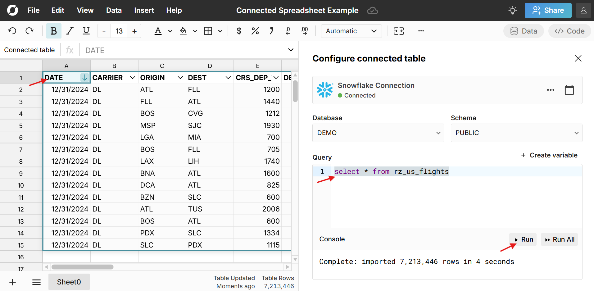 snowflake connected table in spreadsheet