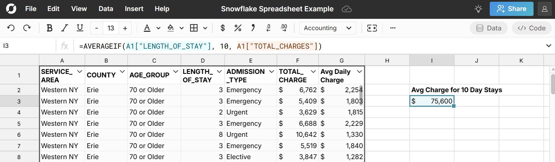 snowflake spreadsheet functions