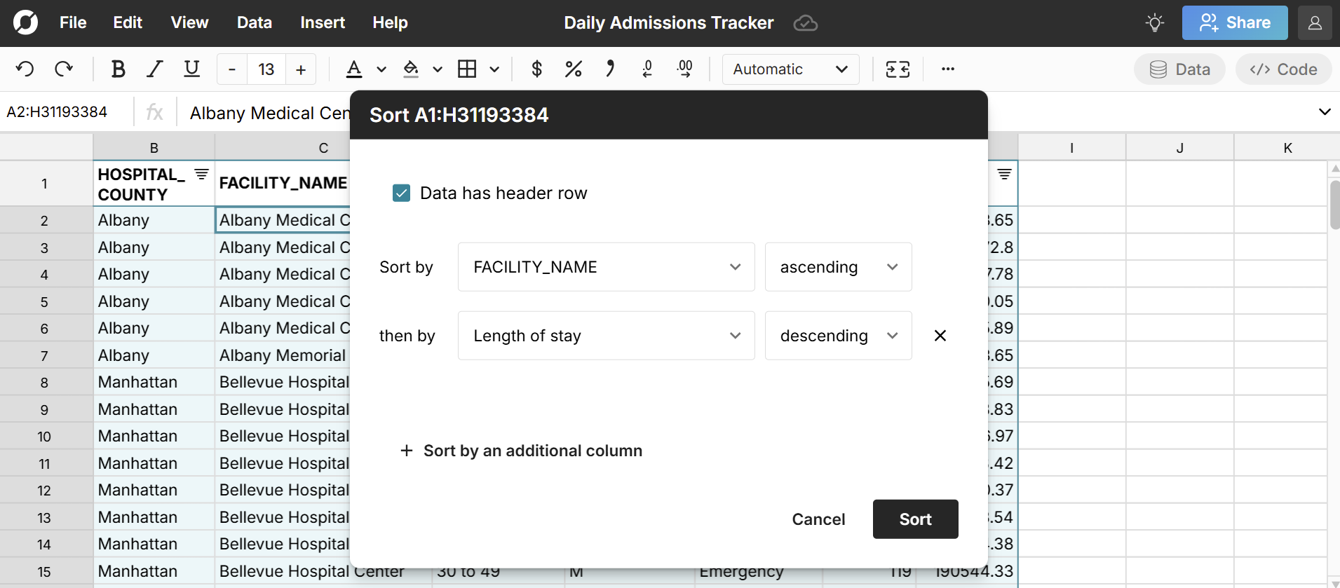 sort multiple columns in spreadsheet
