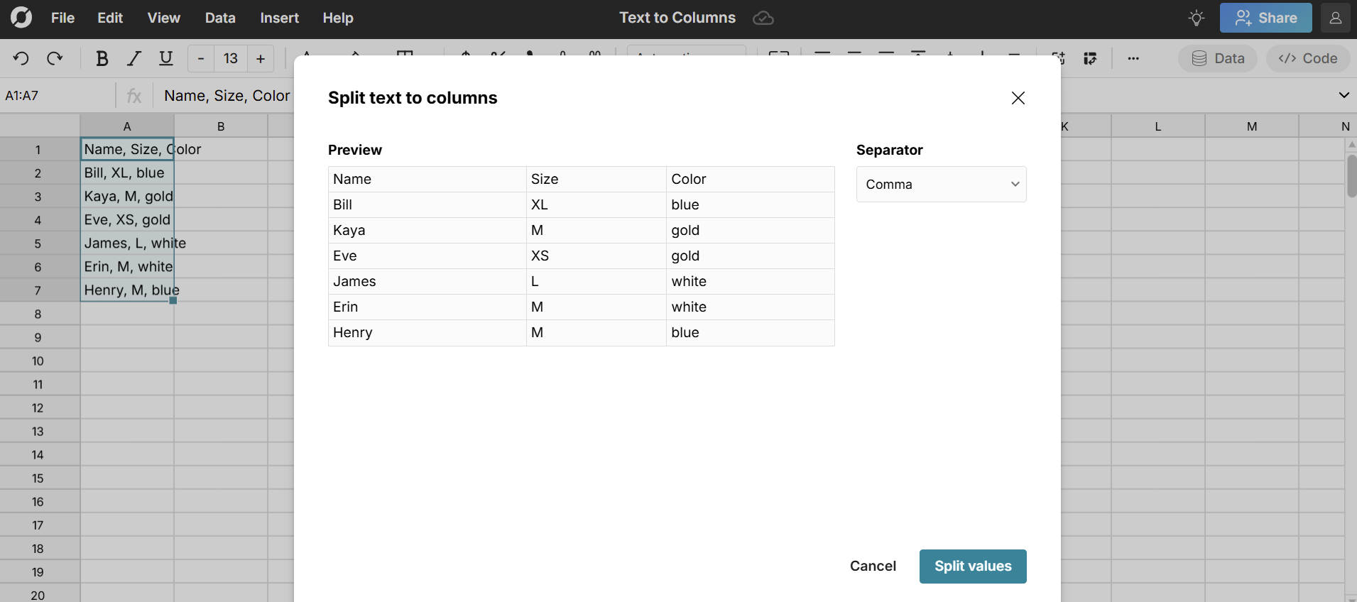 split text to columns in spreadsheet