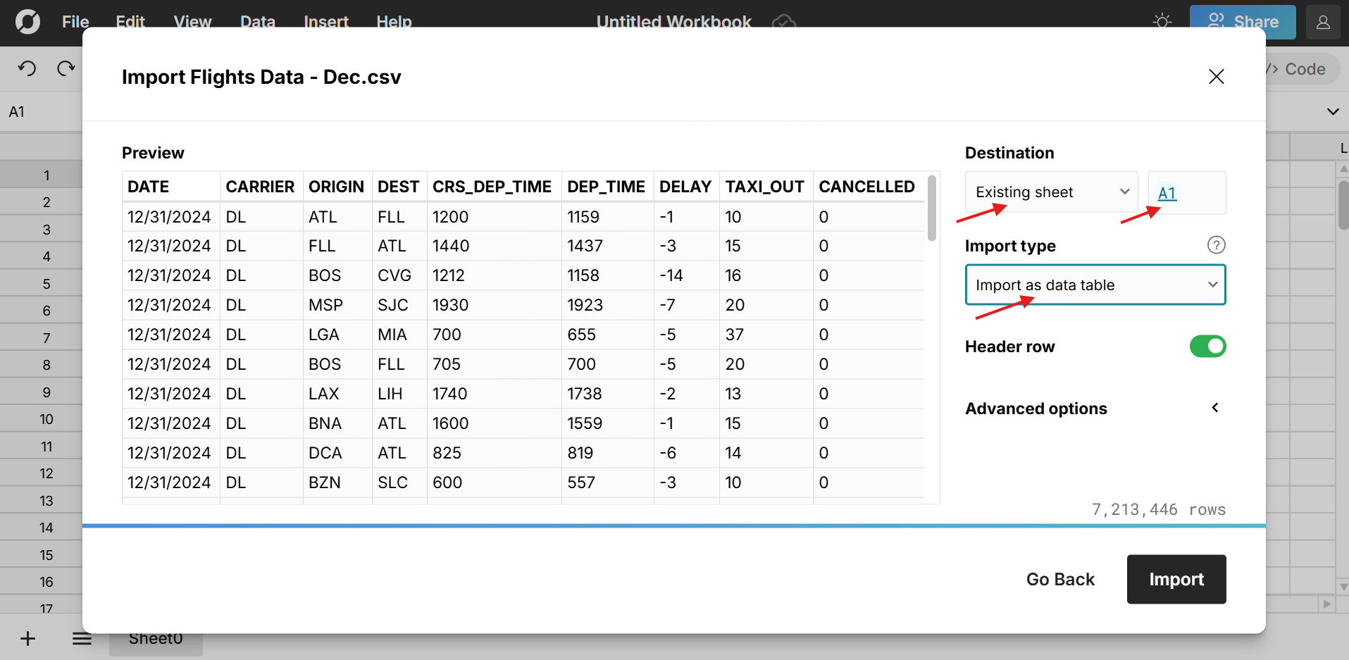 import csv to specific cell to update spreadsheet