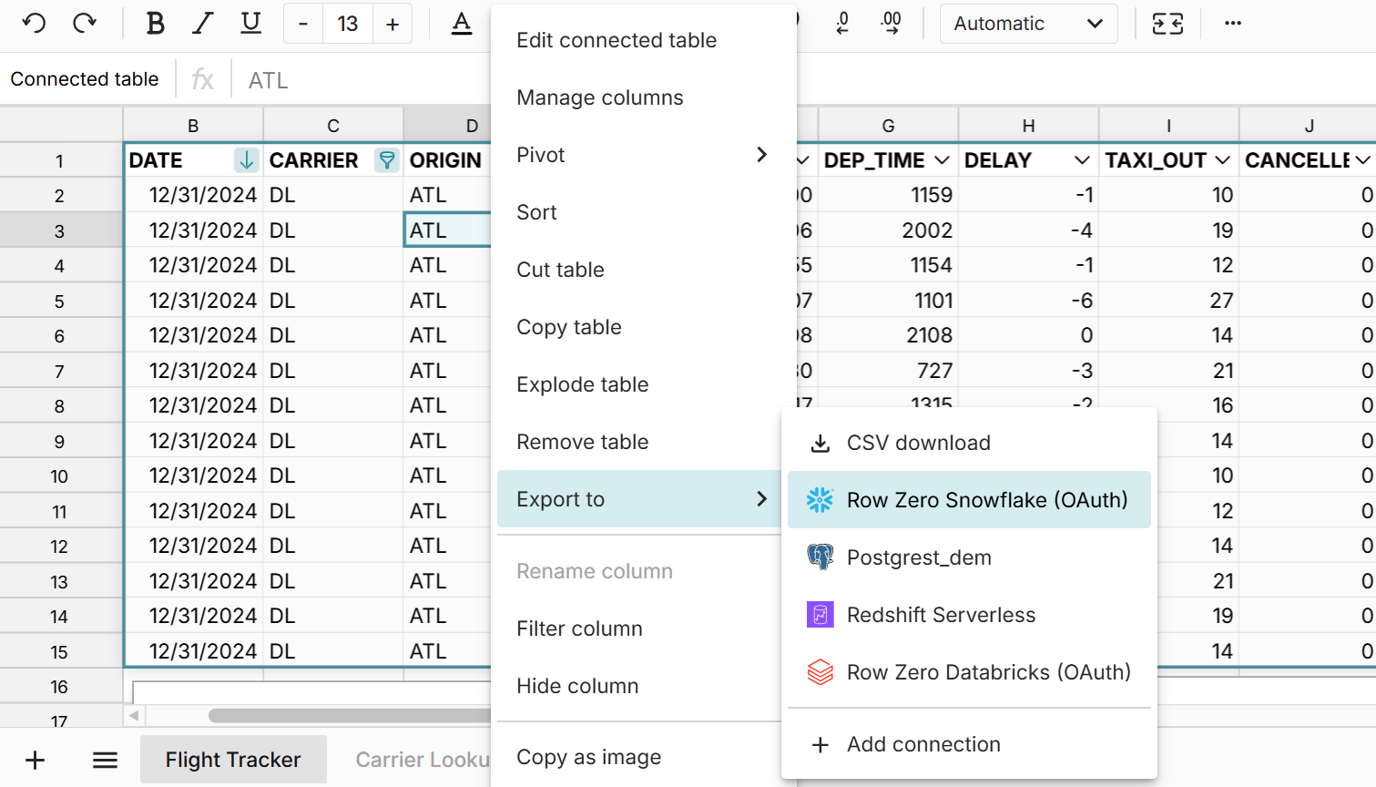 export spreadsheet data to data warehouse